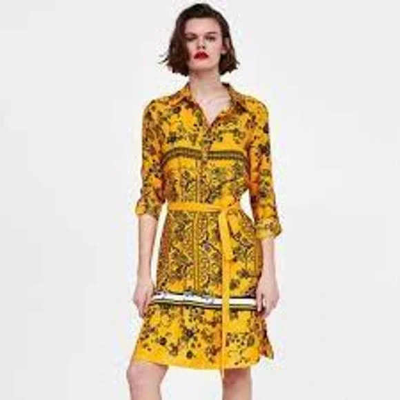 Zara Women Yellow and Black Print belted shirt Midi dress